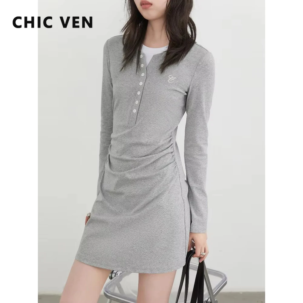 

CHIC VEN Women Dresses A Line O Neck Casual New Contrast Long Sleeved Sport T-shirt Dress Slim Pleated Spring Summer 2025