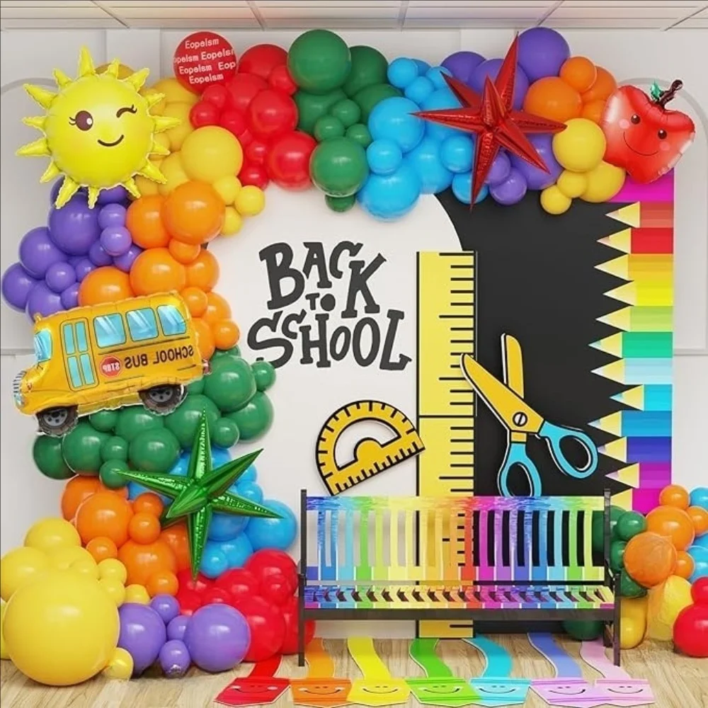 

109pcs Back to School Balloon Arch Wreath Kit Sun Apple Car Foil Balloon Used for School Kindergarten Classroom Party Decoration
