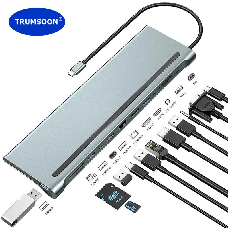 

Trumsoon USB C Hub to Ethernet RJ45 4K HDMI-совместимый VGA Card Reader USB 3.0 Type C PD Dock для MacBook Samsung S10 Dex TV