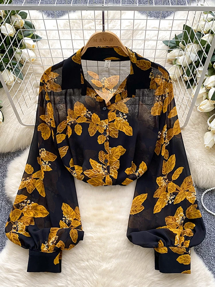 Spring Autumn Temperament Fashion Retro Chiffon Floral Blouses Print Loose Lapel Puff Sleeve Top Button Up Shirt Female GD611 image 4