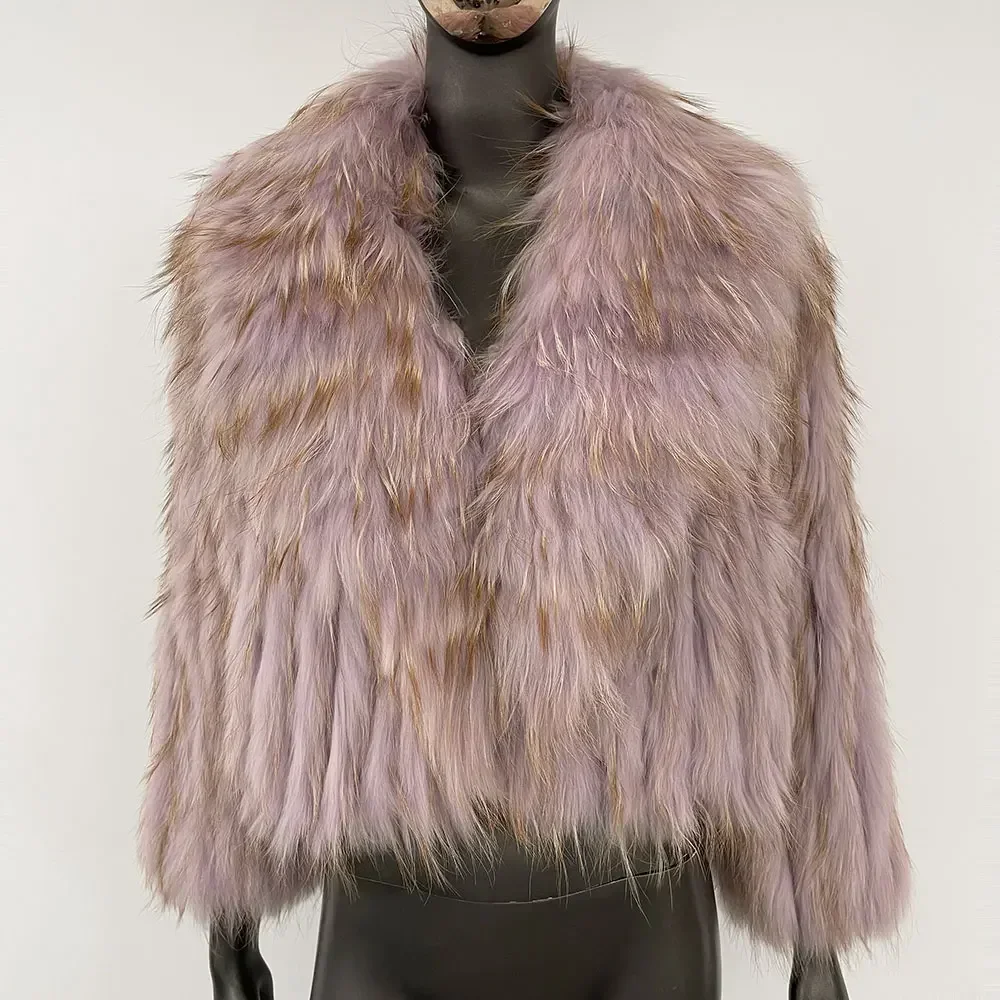 天然アライグマの毛皮の襟が付いた女性用ニットコート,ふわふわのジャケット,短いオーバーコート,本物,豪華,新しい,冬