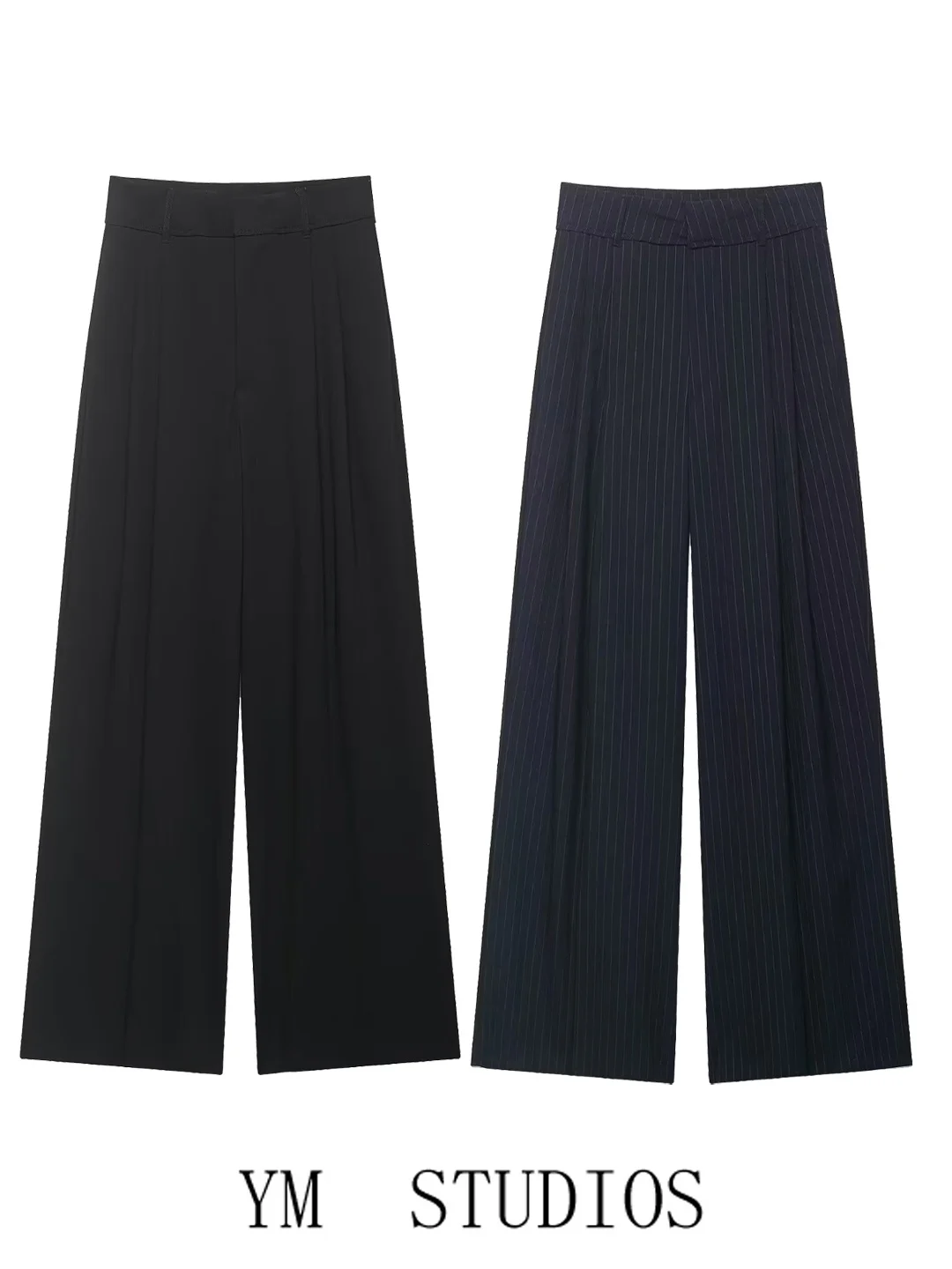 

Брюки-костюм с высокой талией и широкими штанинами, женские модные прямые брюки в полоску с отворотами, европейский стиль, весенняя коллекция