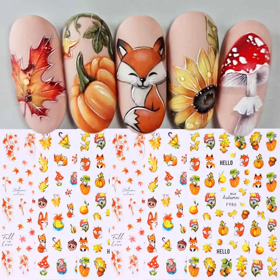 6pcs Autumn Leaves Squirrel Pumpkin Mushroom Thanksgiving Nail Art Stickers Fall Leaf Design Self Adhesive Decals Slider Foils