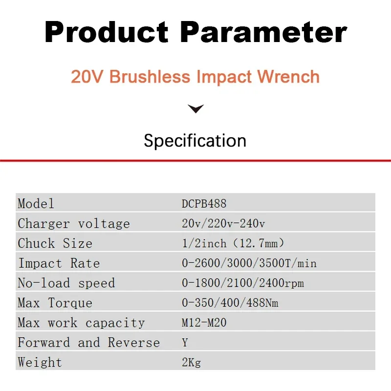 Dongcheng DCPB488 Cordless Impact Wrench Brushless Auto Stop Reverse 3 Speed Adjustable 20v Torque 488Nm 2400rpm 3500T/min