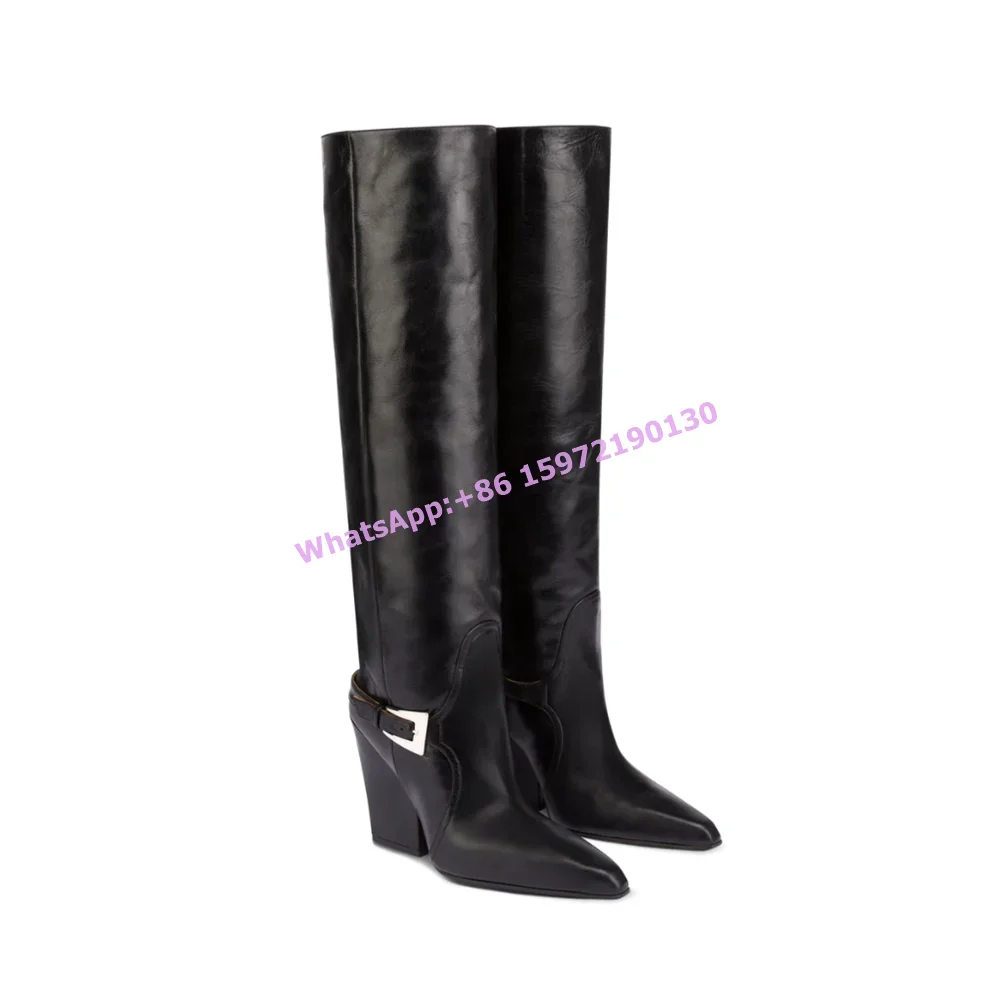 

Buckle Black Knee High Boots Pointy Toe Chunky Heels Solid Slip On Sewing Women's Shoes Winter Concise Runway Shoes 2025