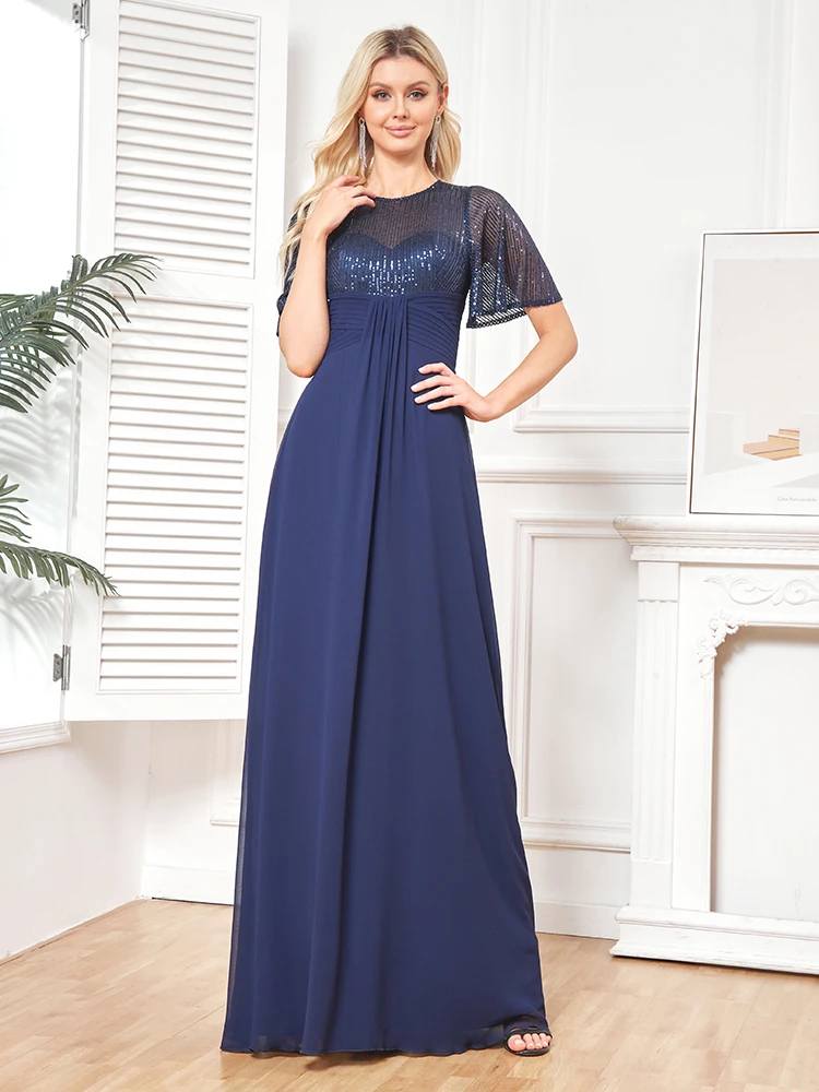 XUIBOL Plus Size Elegant V Neck Blue Sequin Evening Dress Long 2024 Luxury Women Satin Short Sleeves Party Prom Cocktail Dress