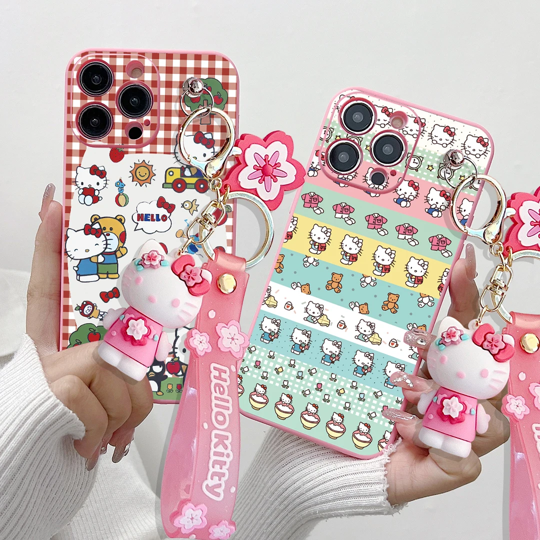 For OPPO A15 A94 A54 A55 A53 A74 A96 A57 A17 A58 A78 60 Realme C55 53 35 30 21Y 11 33 63 61 Plaid Hello Kitty Case With Keychain