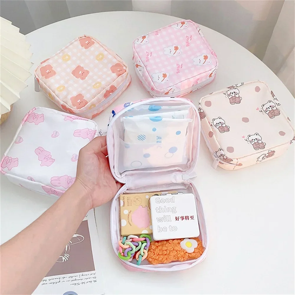 Women Girls Kawaii Cosmetic Makeup Tampon Bear Napkin Pouch Storage Bag Coin Purse Sanitary Pads Bag Mini Data Cables Organizer