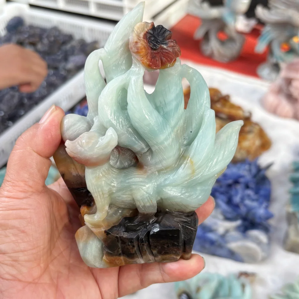 Natural Amazonite Quartz Nine‑Tailed Fox Carving Crystal Fox Statue Mythical Beast Altar Home Decor Spiritual Collectible Gift