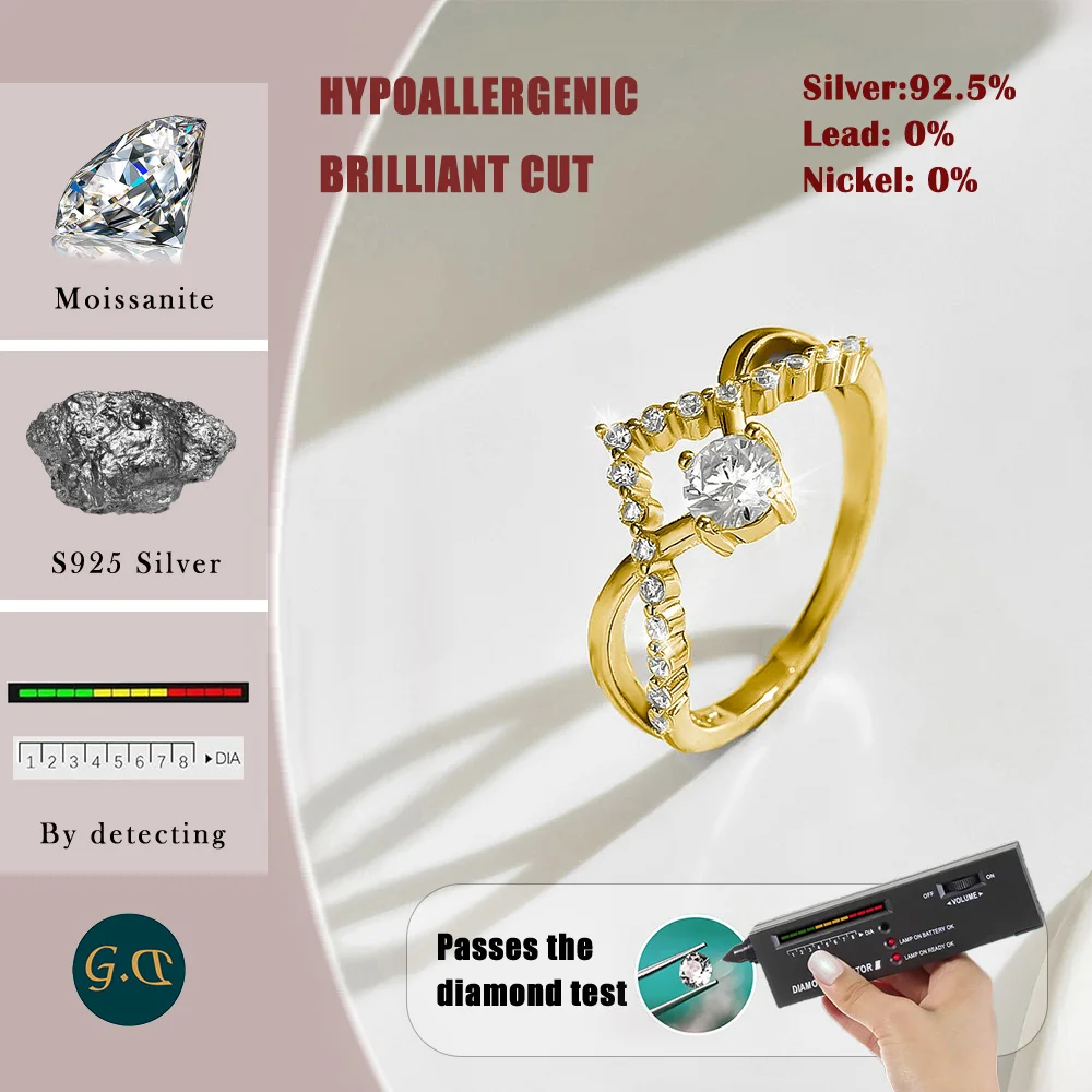 خاتم مويسانيتي 0.5 قيراط من الفضة الإسترليني عيار 925 مطلي بالذهب عيار 18 قيراط نمط فريد مفتوح للنساء هدية للحفلات يأتي مع شهادة GRA #4