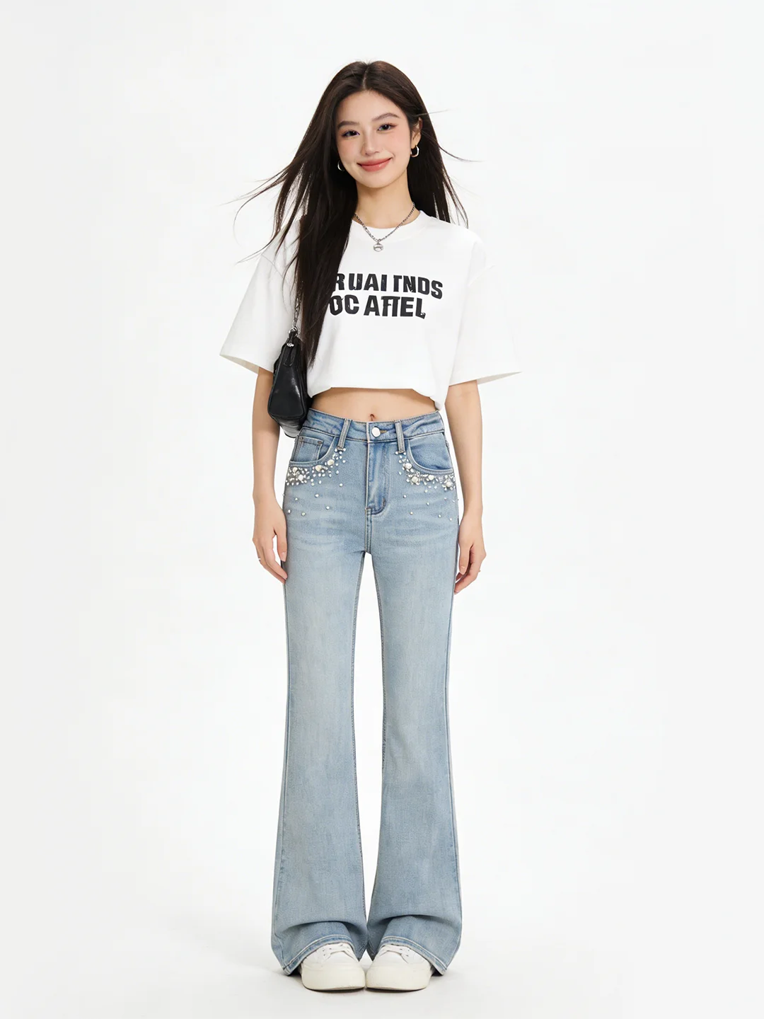 

Spring Summer High Waist Bell Bot Denim Jeans Women's Heavy Embellied Design Slimming Drapey Korean Sle Long Pants