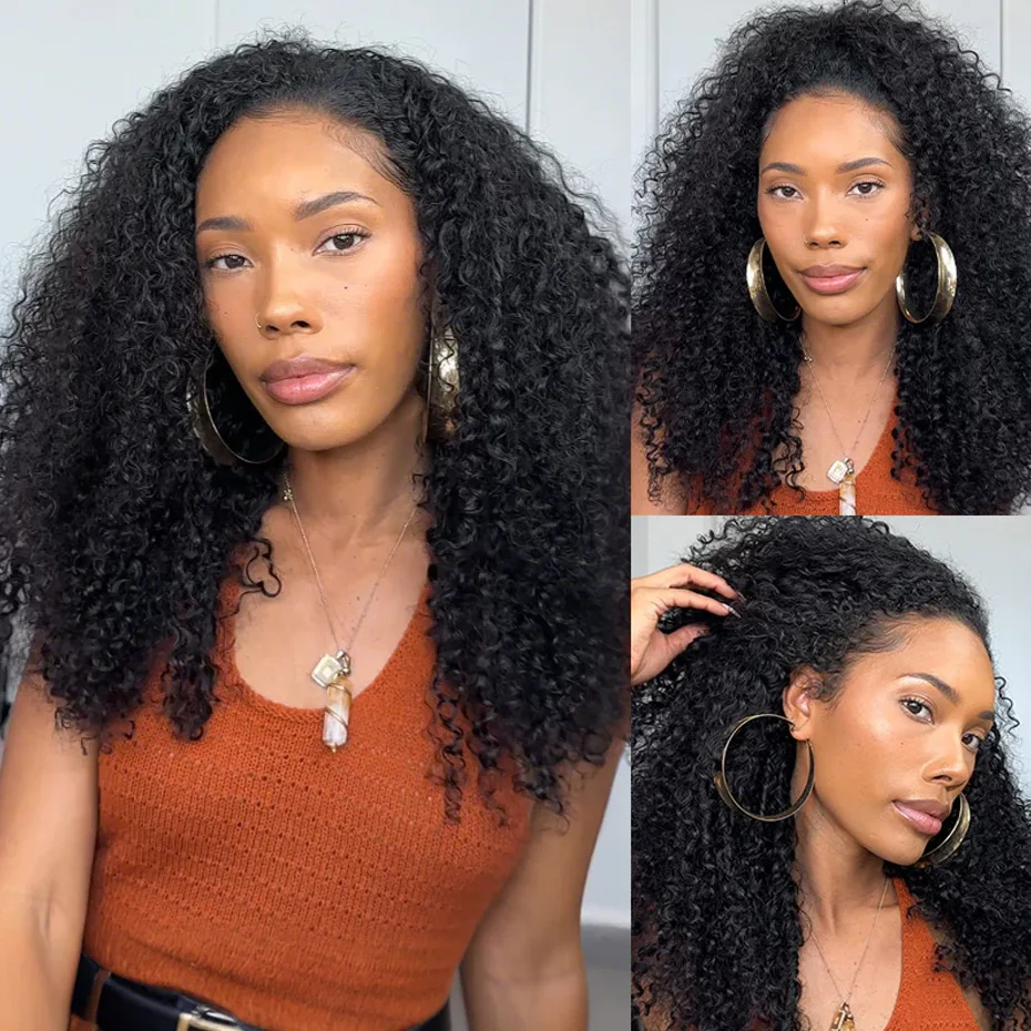 Kinky Curly Halbperücke aus Echthaar, 300er Dichte, 3-in-1 nahtlose Flip-Over-Halbperücke aus Echthaar, kleberlos, sofort tragbar, anfängerfreundlich – Detail 3