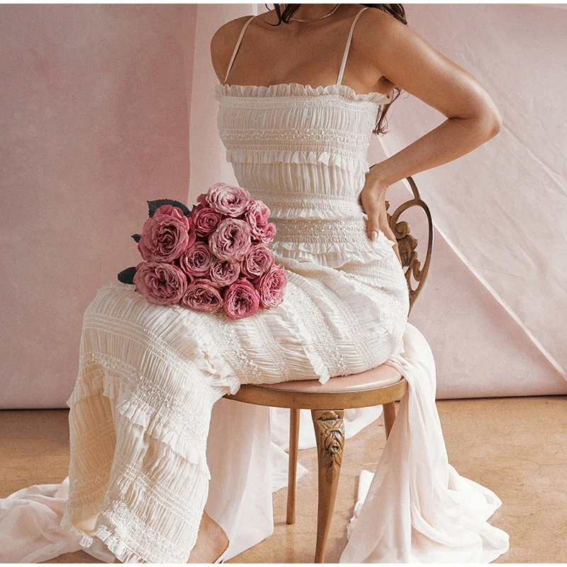 Mulheres elegantes em camadas babados sem costas bodycon maxi vestido de verão feminino sem mangas cintura alta vestidos streetwear