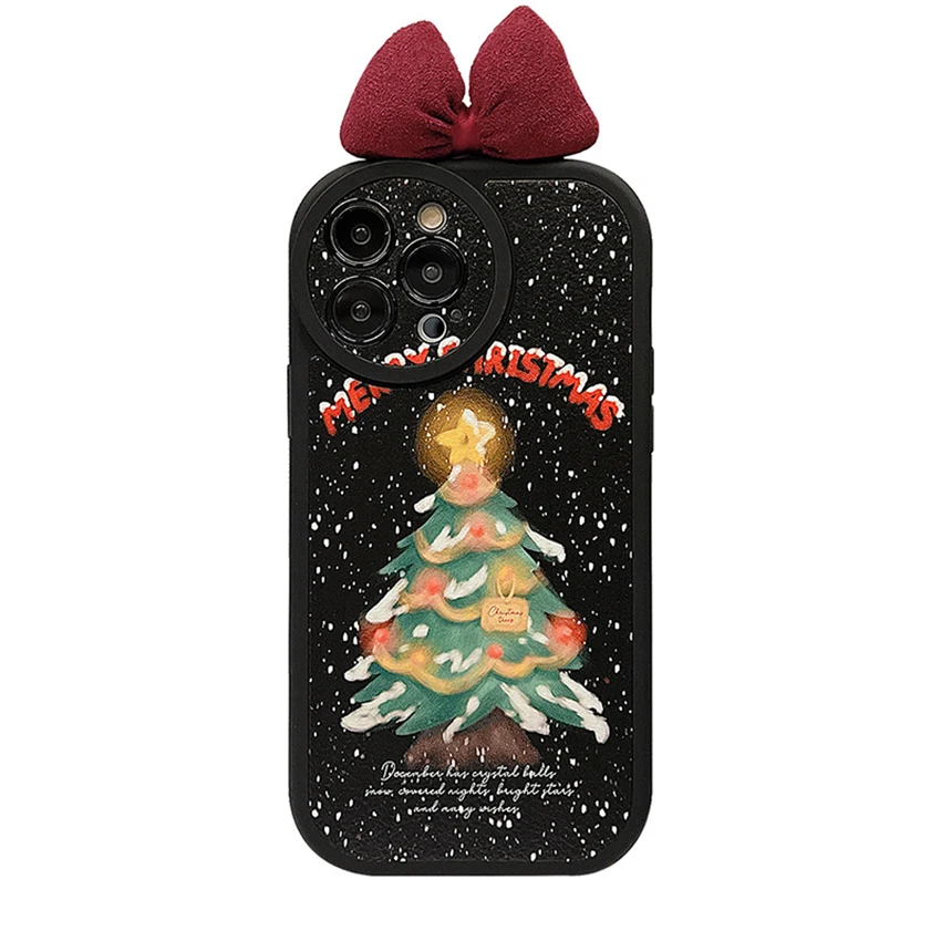 

Christmas Tree Style Phone Case For Iphone 14 13 Pro 12 11 Max Plus Bow 14Pro Phone Case Leather Feel 13Pro Cover Soft Xr Shell