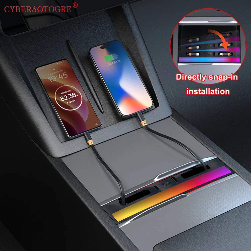 

For Tesla Model Y Juniper 2025+ Fast Charging Docking Station with Rainbow Light for Model 3 Highland Retractable Expansion Dock