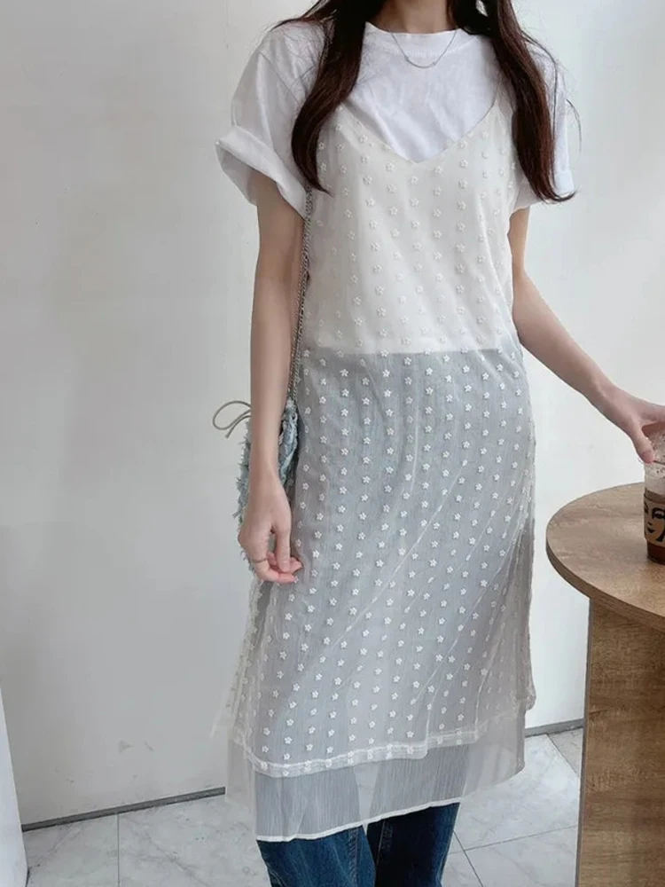 Vestido Branco ter F Primavera Verão Novo com Estampa de Poá Bordado Design em Camadas Saia Longa Estilo Coreano Ci...