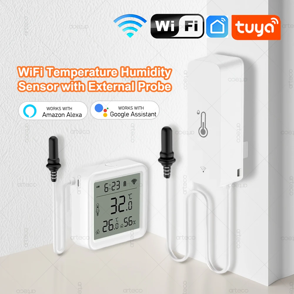 

Датчик температуры и влажности Tuya Wi-Fi с внешним зондом, беспроводной термометр, приложение для мониторинга холодильника, аквариума, виноделия