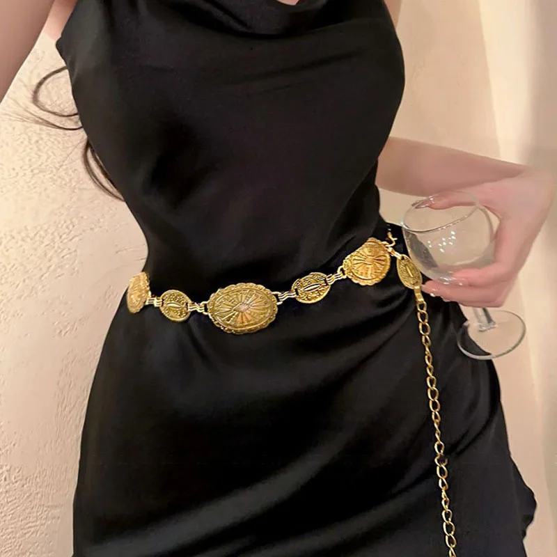 Cadena de cintura de Metal ovalada Vintage para mujer, estilo Retro, exquisita cadenas de cinturón de Color dorado, regalos de joyería para el cuerpo a la moda