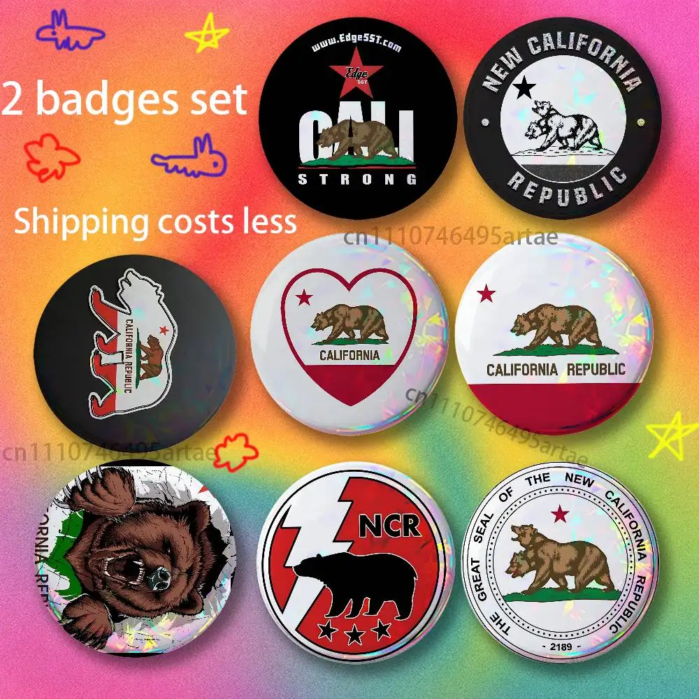 NCR New California Republic Flag Insignia Aesthetic Round Brooch 2piece Set Enamel Trendy for souvenir gift Merch Clothing Decor