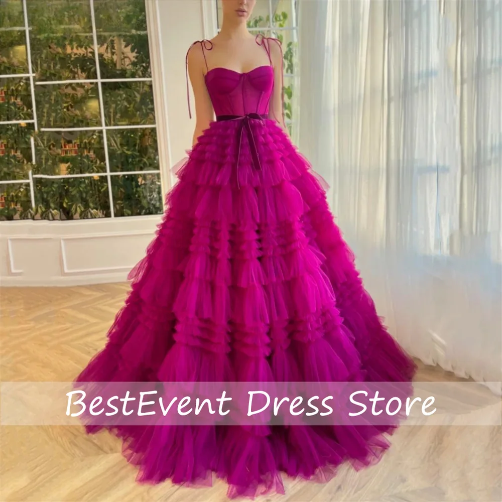 Sexy Spaghetti Strap Fuchsia Multilayer Tulle A-line Customized Prom Dress Princess Puffy Vestidos De Noche Customized
