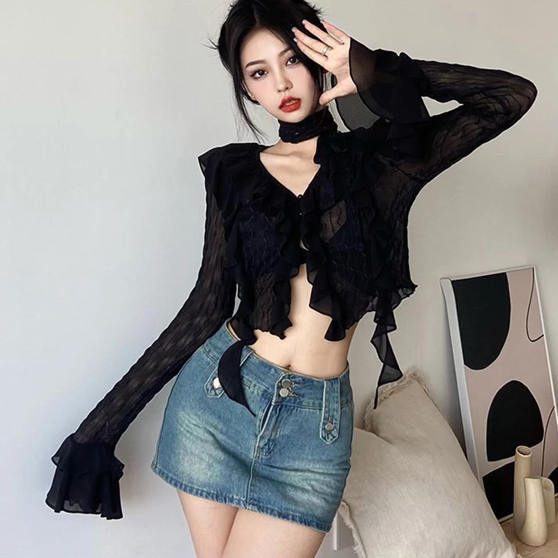 Zoki Dark Academic Mesh Y2k Blouse Women Sexy Cropped V Neck Ruffles Shirt Harajuku Vintage Long Sleeve Slim See Through Tops