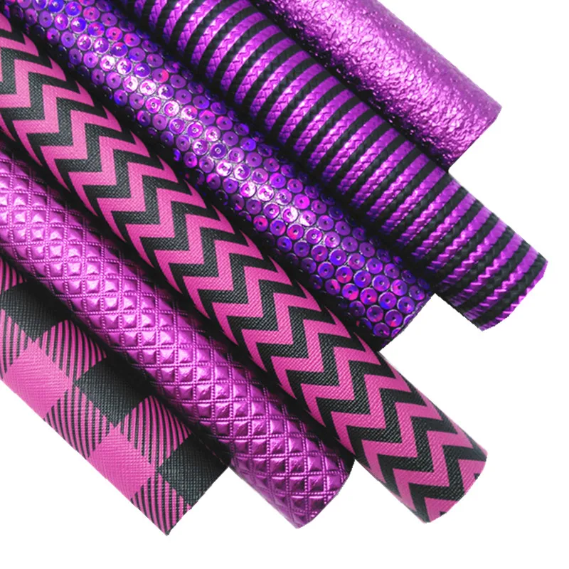 Halloween Purple Plaids Stripes Arrows Printed Synthetic Leather Metallic Stripes Grids Leather for DIY Craft 8.2