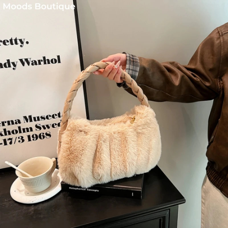 MOODS Soft Plush Handbags For Women Braided Top-handle Pleated Design Shoulder Bags 2023 New Luxury Designer Purses And Handbags