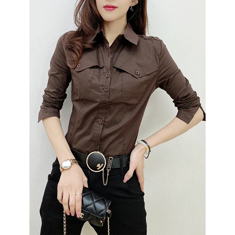 2024 New Fall Winter European Clothes Shirts Office Lady Pockets Blouses Fashion Sexy Button Up Women\'s Long Sleeve Tops V1695