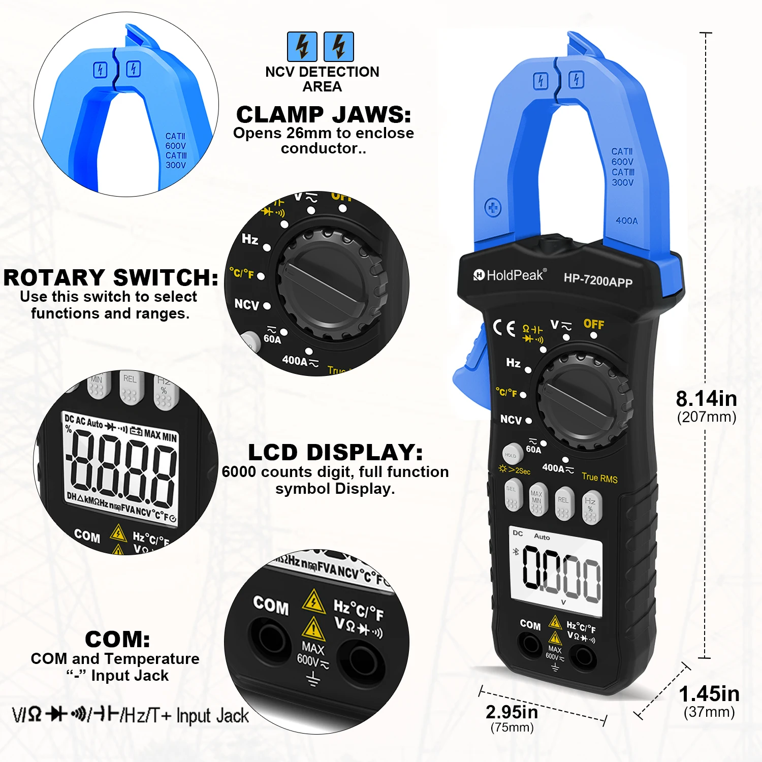 Imagem -06 - Holdpeak Medidor de Braçadeira Bluetooth sem Fio Alcance Automático 6000 Contagem Multímetro de Braçadeira Bluetooth dc ac True Rms Medidor de Campainha de Continuidade