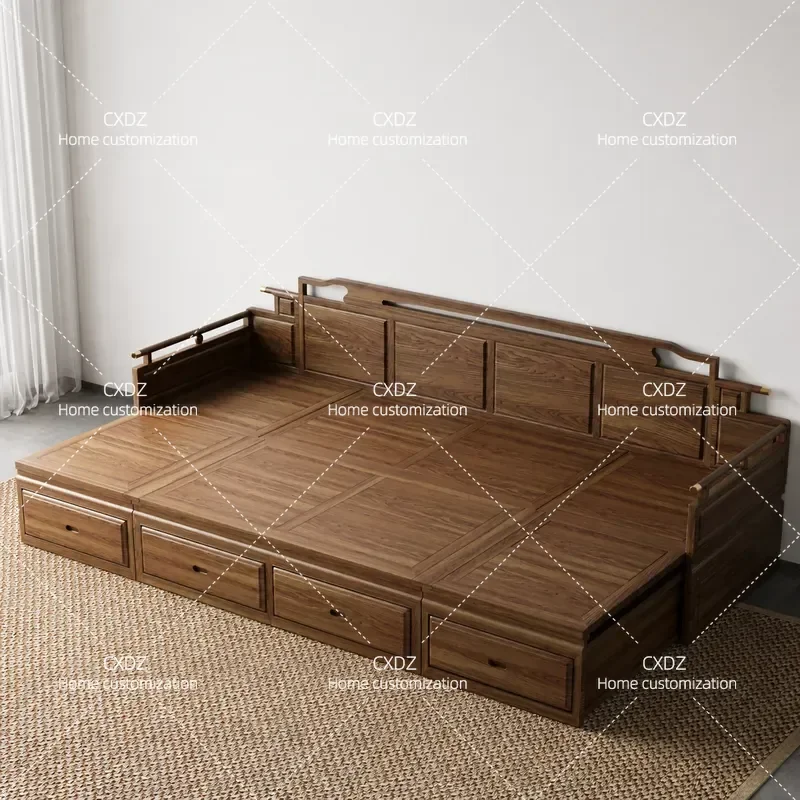 New Chinese Style Solid Wood Retractable Arhat Bed Push Pull Sofa with Storage Box Living Room Extended Combination Bed Elm