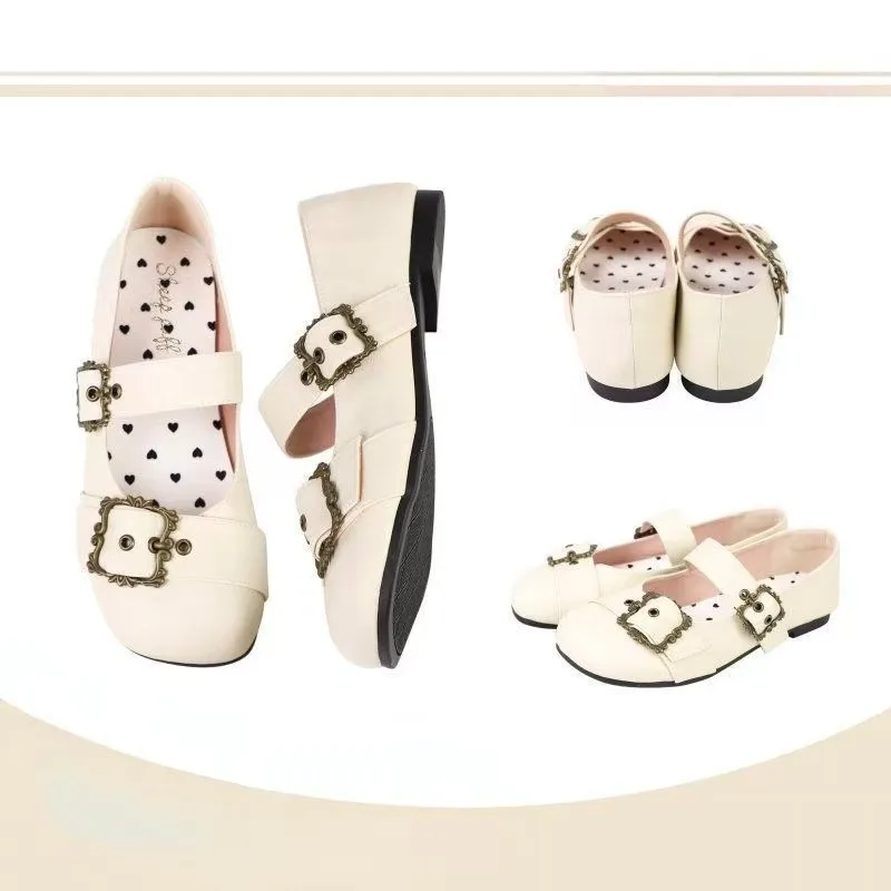 

Retro Low Heel Single Shoes Spring and Summer New Fashion Belt Buckle Square Head Comfortable Shallow Toe Leather Shoes
