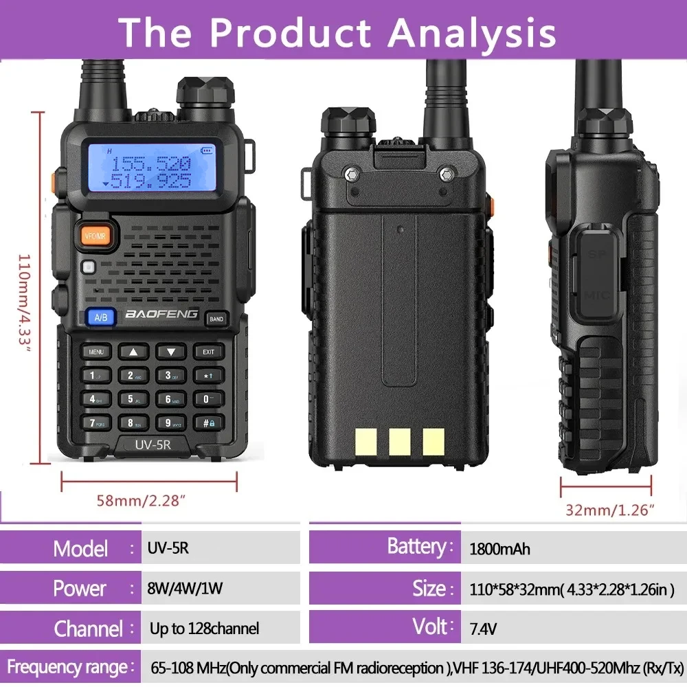 1/2PCS Baofeng UV 5R walkie talkie remote communication dual band VHF UHF FM transceiver bidirectional USB fast charging