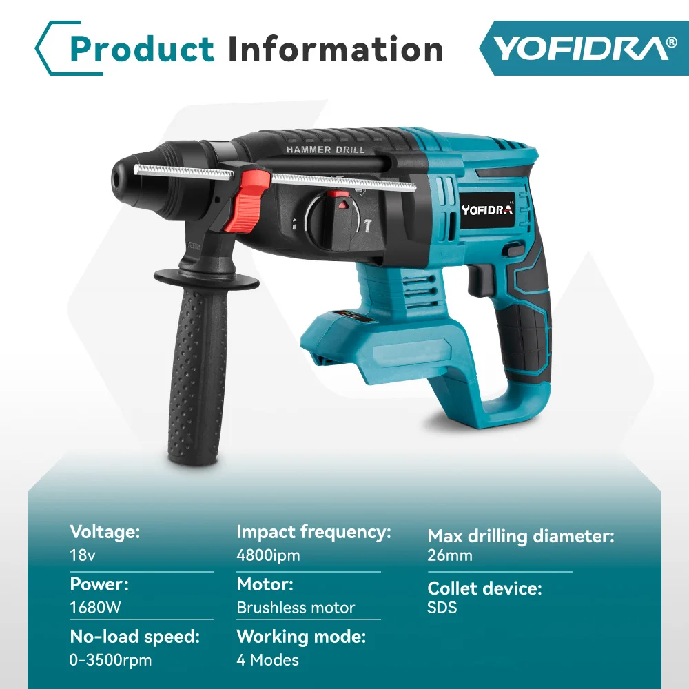 YOFIDRA 26MM Brushless Electric Hammer Drill 1680W Multifunctional Cordless Screwdriver Power Tool For Makita 18V Battery Pin