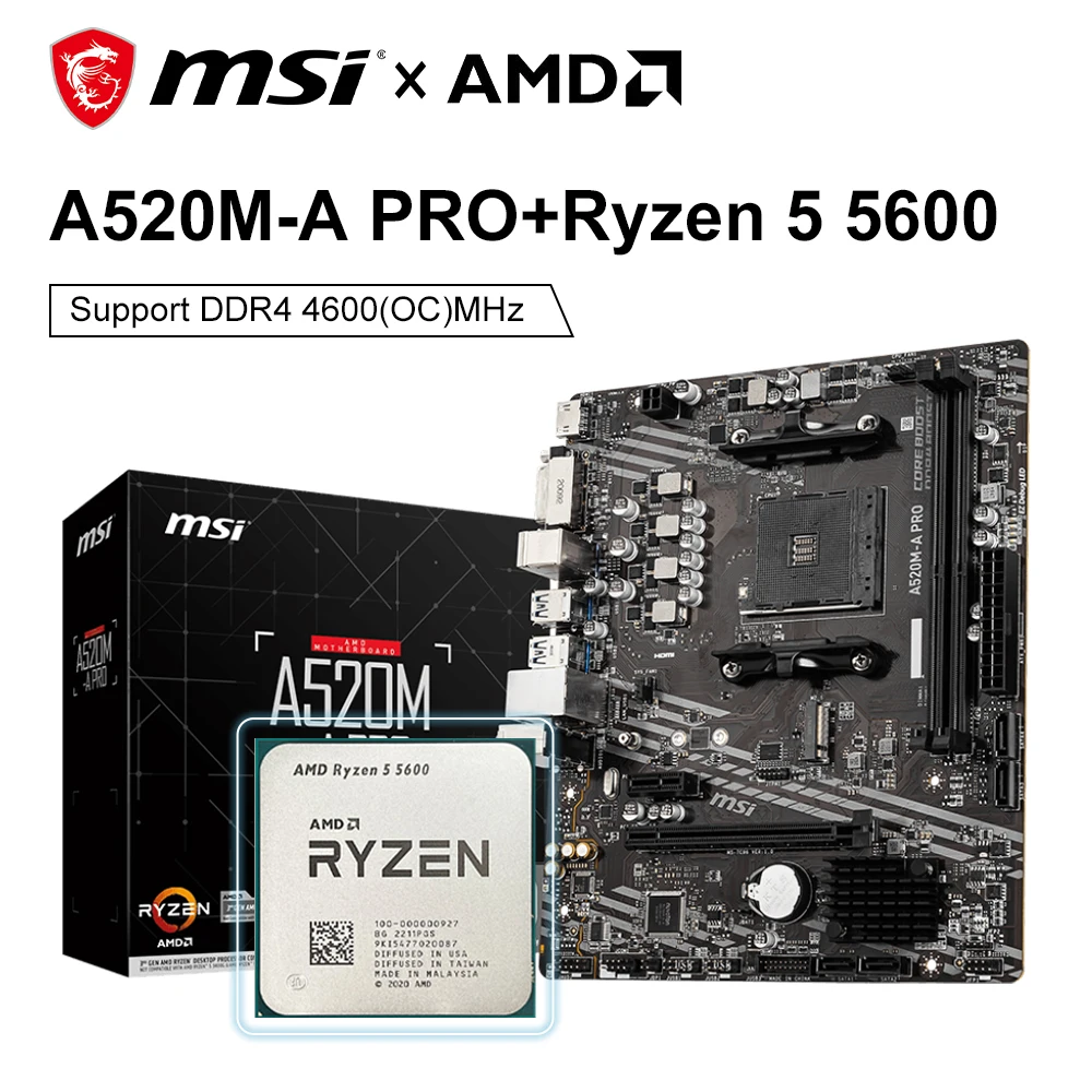 AMD Ryzen 5 5600 CPU+MSI A520M A PRO Motherboard DDR4 M.2 USB3.2 STAT 3.0 SSD Audio Boost AMD A520 Socket AM4  4K Ultra HD