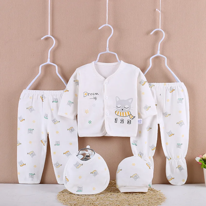 5Piece Spring Autumn Baby Girl Boy Clothes 2024 Casual Cartoon Cute Stripe Cotton Soft Tops+Pants Newborn Hospital Set BC1733-1