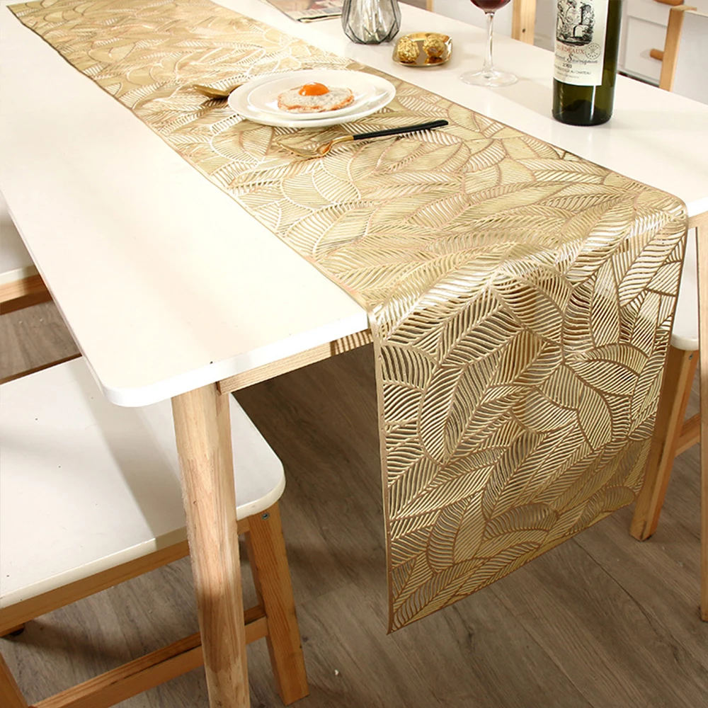 Hollow Leaves Table Runner  35x180 cm/ 14x73 Inch Waterproof Washable Gold Dining Table Runner for Wedding Banquet Party Decor