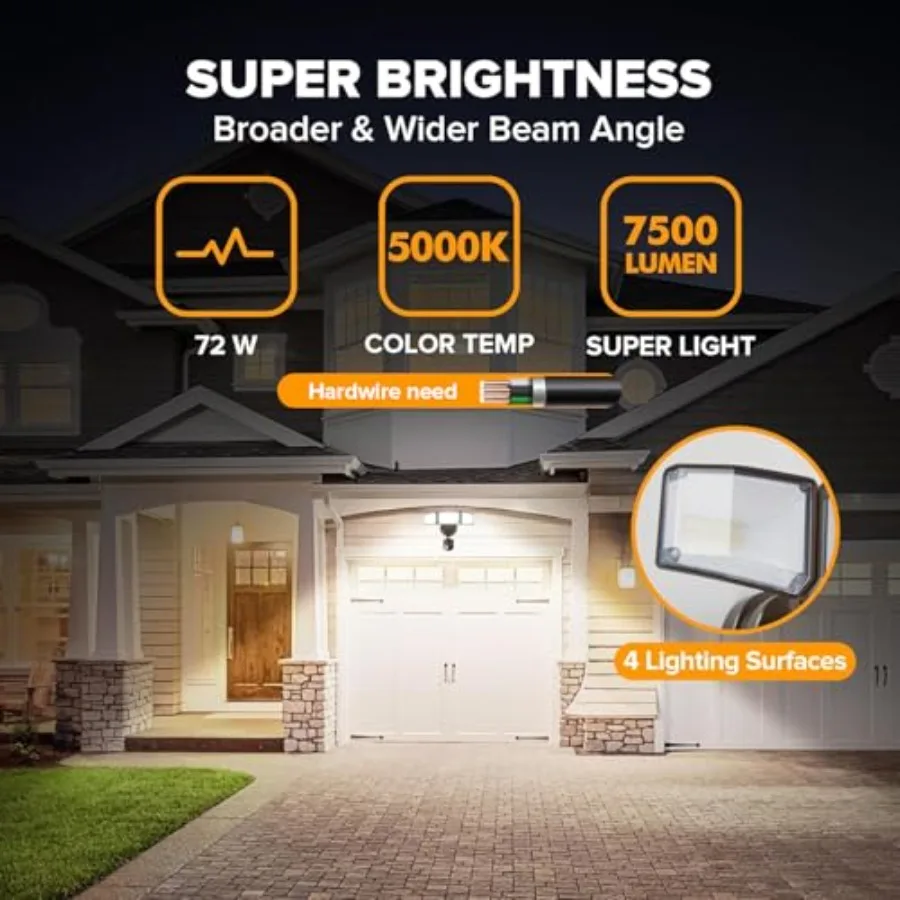 72W 7500LM LED Security Lights Motion Sensor Light Outdoor, 5000K Daylight, IP65 Waterproof, Dusk to Dawn, 3-Head Motion Detect