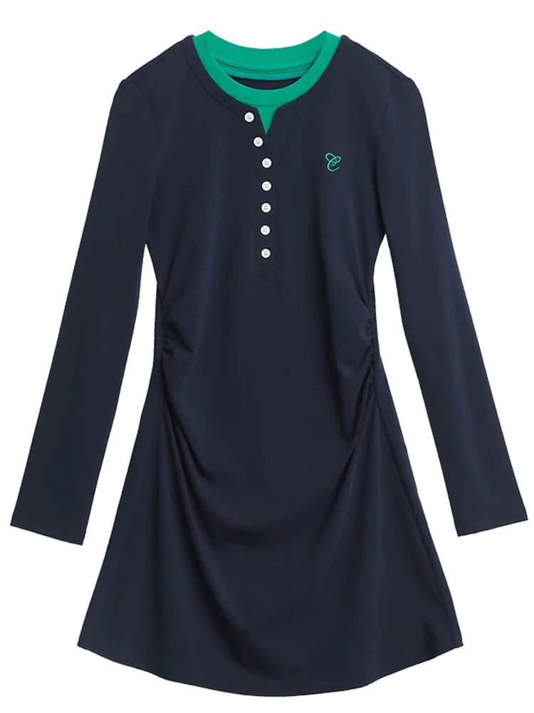 シック VEN 女性ドレス A ライン O ネックカジュアル新コントラスト長袖スポーツ Tシャツドレススリムプリーツ春夏 2025