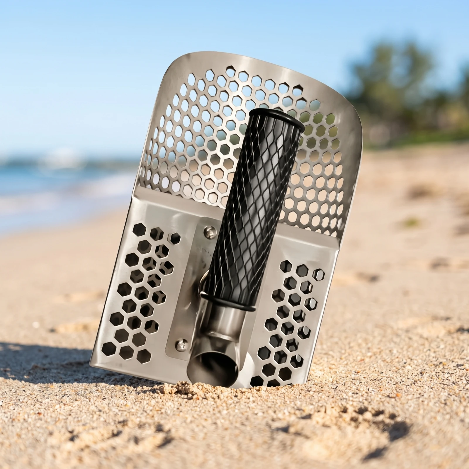 Sand Sieve with Hexagonal Holes Stainless Stainless & Treasure Panning Digger with Handle Heavy-Duty Sand Sifter