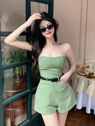 Korean style Summer Rompers Women Jeans Jumpsuit Off Shoulder Casual Denim Rompers Jumpsuits Wide Leg Casual Denim Overalls