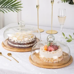 Transparent Dustproof Cake Glass Cover Food Cover Cake Plate Glass Cover With Bamboo Tray Cake Stand Bread Serving Tray Platter