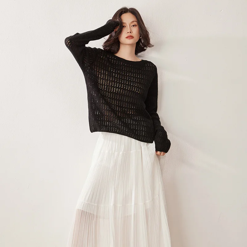 

Spring Summer New Knitted Sweater Women's Sweater Fishman Hollow 100% Pure Cashmere Cover Up Loose Casual Thin Top