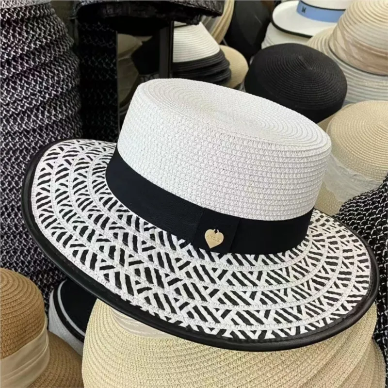 hat golden woven top women's wide-brimmed sun-protective flat