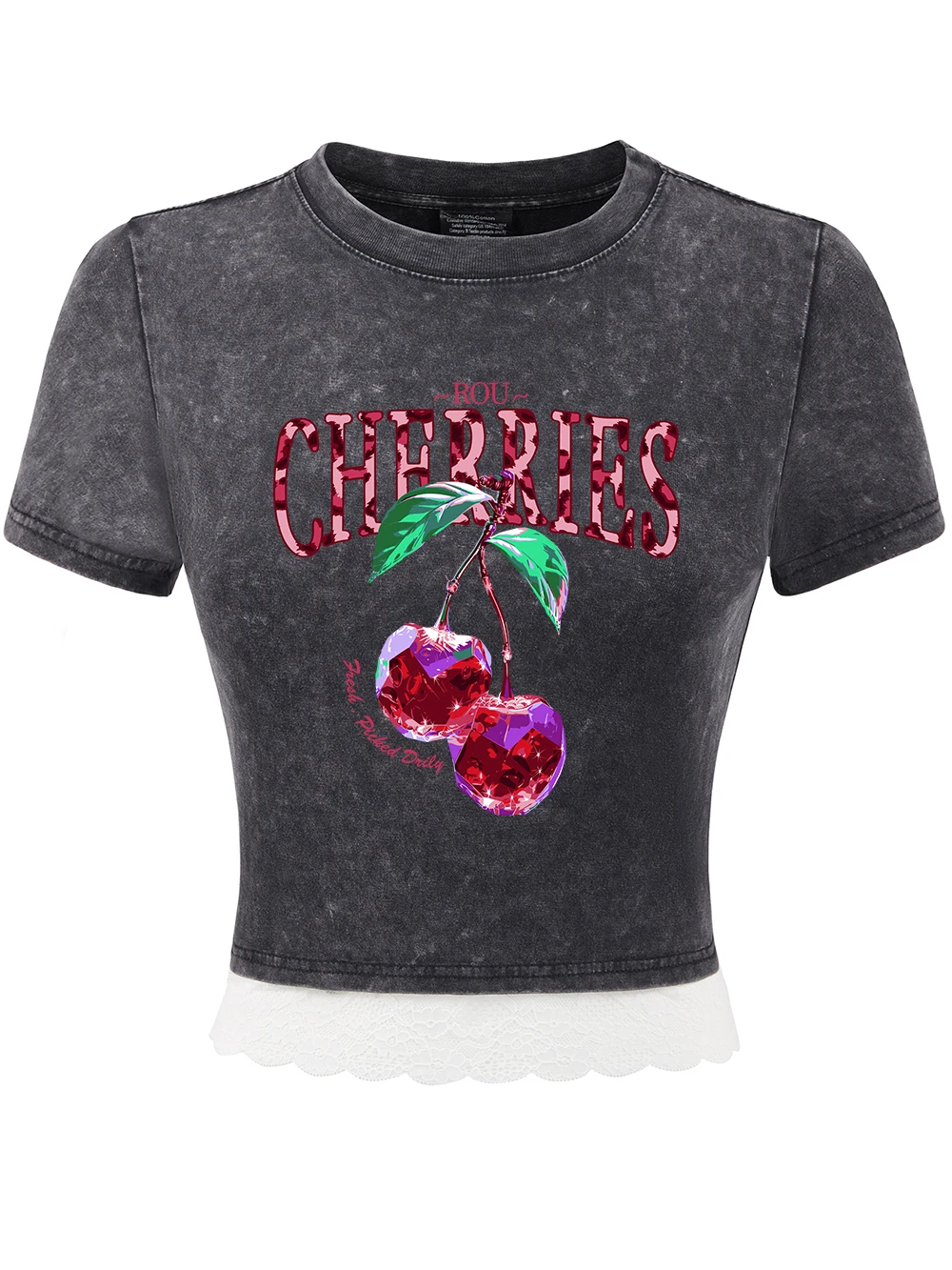 

Crystal Cherries Printing Cotton Washed T-Shirts Womens Summer Trend Lace Hem Crop Tees O-Neck Regular Fit Tops Casual Clothes