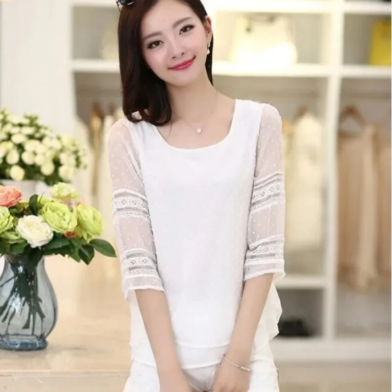 Womens Tops Fashion  Blouse Half Sleeve Chiffon Shirts Lace Stitching