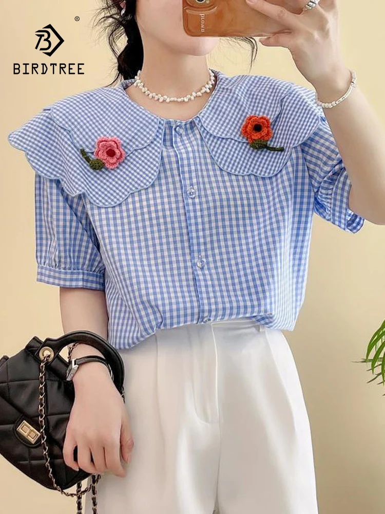 

New 2025 Spring Cotton Short Sleeve Shirt, Women Peter Pan Collar 3D Floral Plaid, Mori Girl Retro Casual Loose Blouse T53439CC