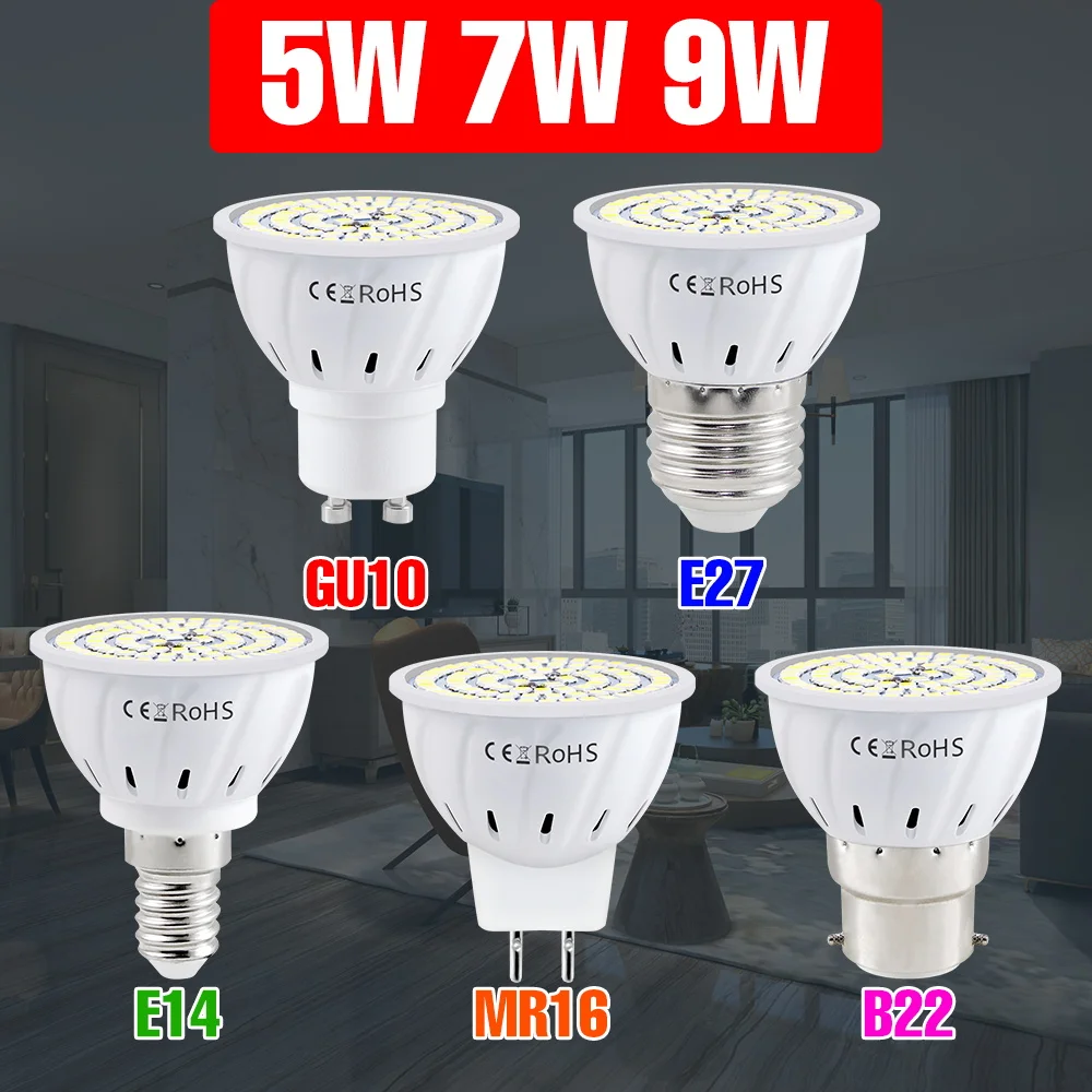 

9W E27 Светодиодная лампа E14 Лампа GU10 Прожекторы MR16 Люстра Лампы B22 Экономичное освещение для домашней библиотеки Офис Холодный/Теплый белый 5 Вт/7 Вт