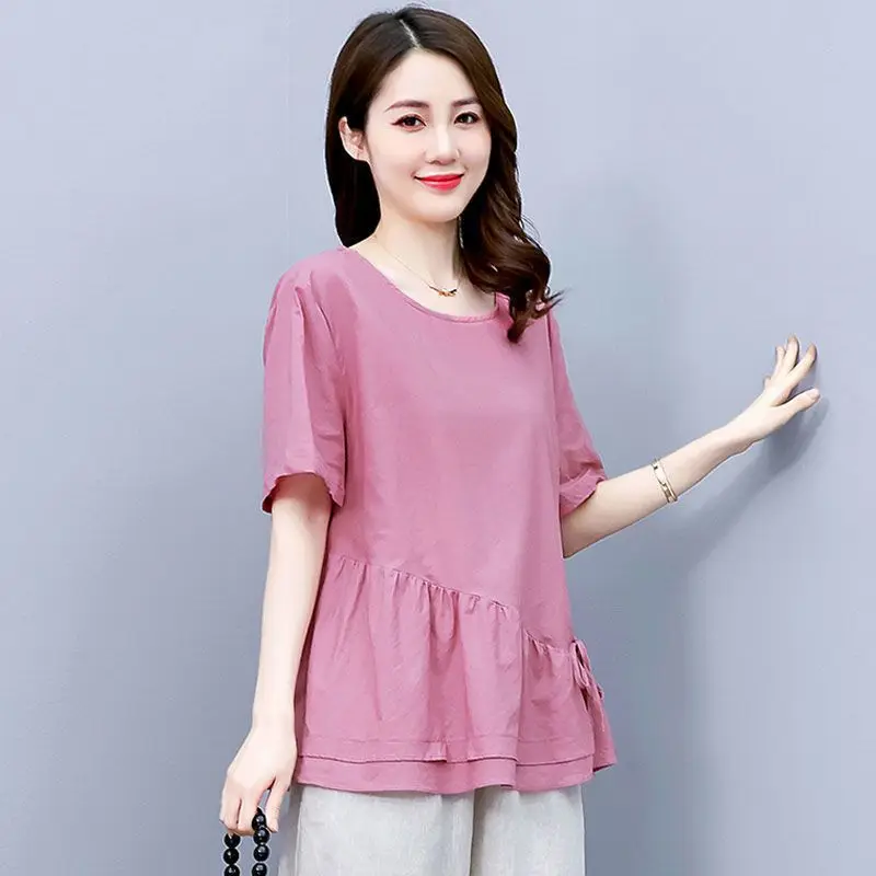 Summer New Simplicity Pleated Lacing Tops Tees Short Sleeve Solid Loose Street Casual T Shirts Vintage Fashion Women Clothing