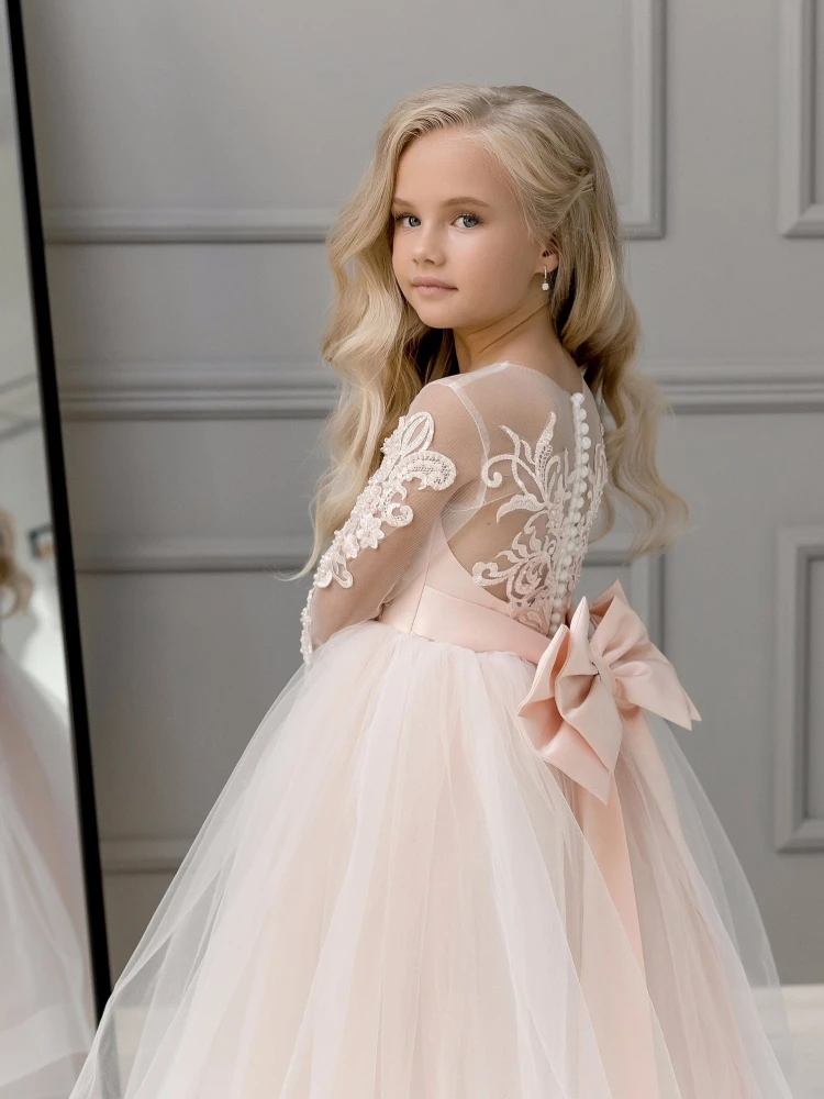 

Flower Girl Dresses Pink Tulle Puffy Appliques Long Sleeve For Weddings Birthday Party Abnquet First Communion Gowns