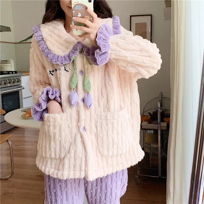 Lady New Autumn Winter Loungewear Suit Coral Plush Women Pajamas Thickening Sleep Clothes Famale Warm Homewear Set Girls Pijama